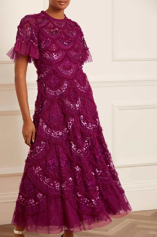 Floral Sequin Evening Dress-Carmen Ruffle Ankle Gown