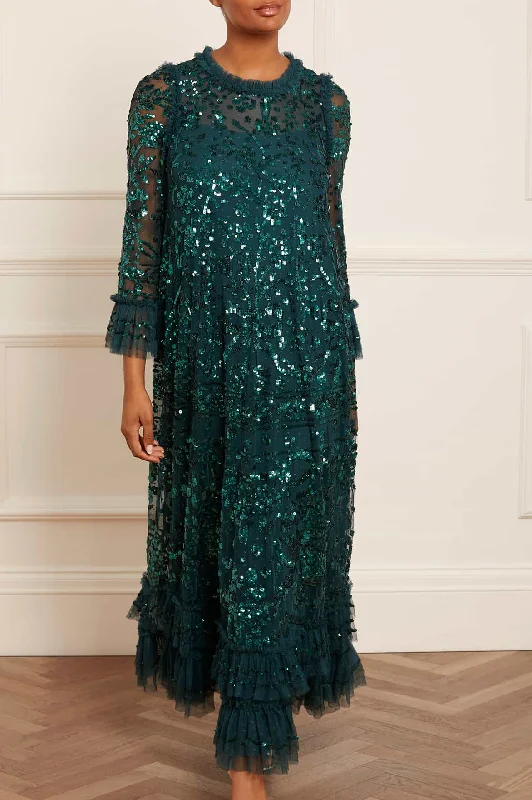 Polka Dot V Neck Evening Dress-Celia Long Sleeve Ankle Gown