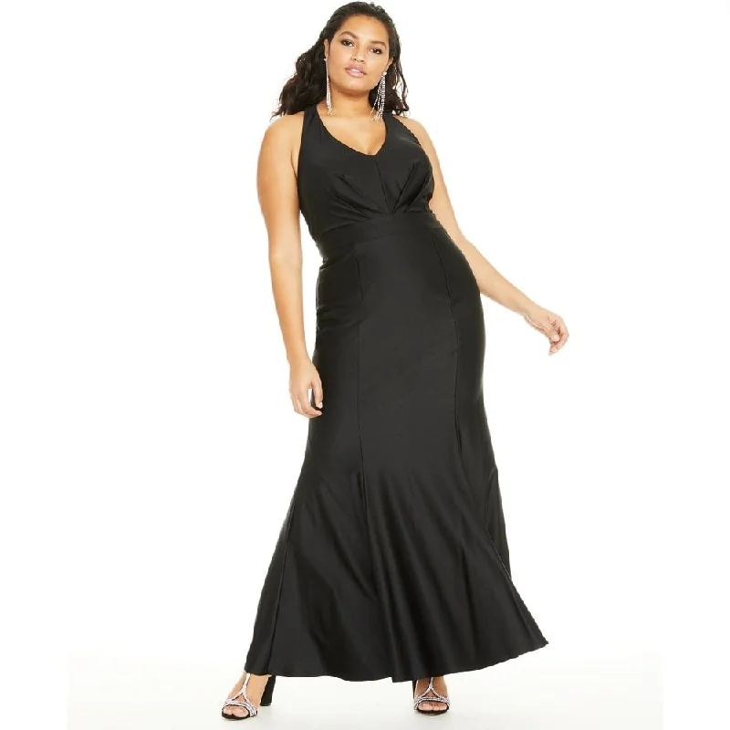 Satin High Neck Evening Dress-City Studios Women's Trendy Plus Size Pleated Plunge Gown Black Size 24W