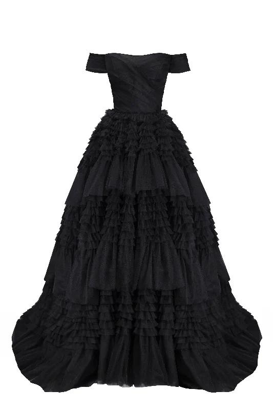 Striped High Neck Evening Dress-Black Off-The-Shoulder Frill-Layered Gown