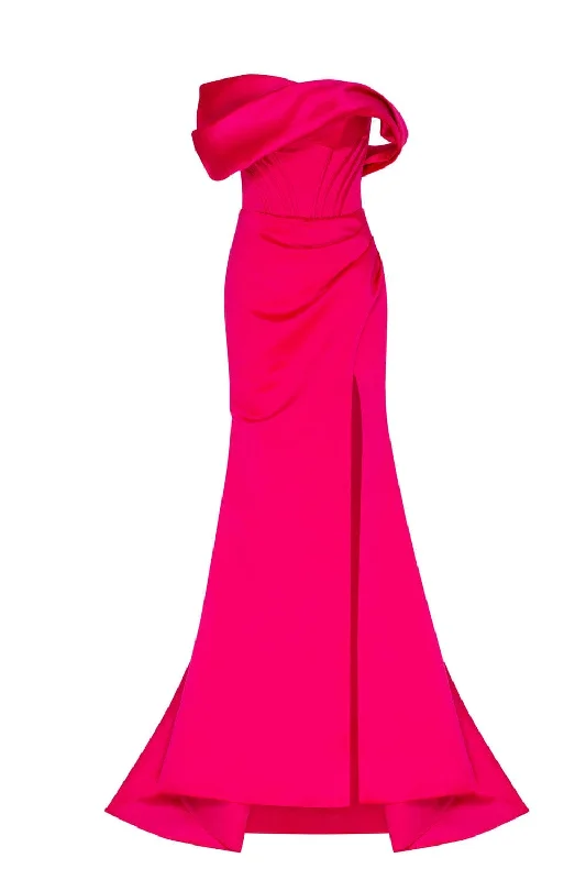 Petite Midi Evening Dress-Fuchsia Princess strapless gown with thigh slit