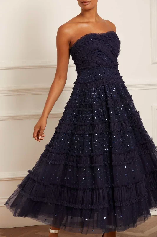 Halter Evening Dress-Dot Shimmer Tiered Strapless Ankle Gown