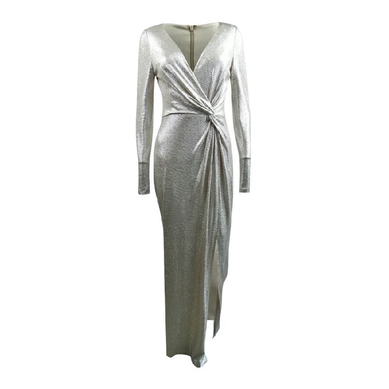 Vintage Backless Evening Dress-Eliza J Women's Metallic Twist-Front Gown (6, Silver)