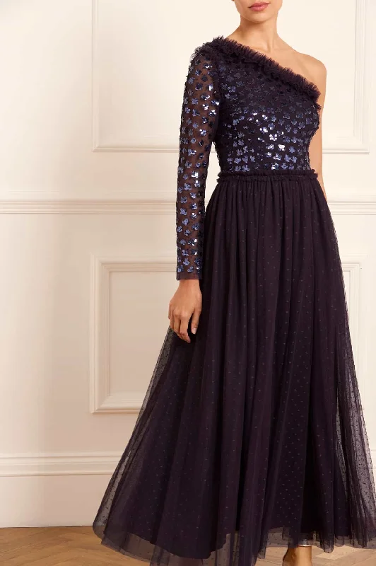 Party Evening Dress-Glisten Bodice One-Shoulder Ankle Gown