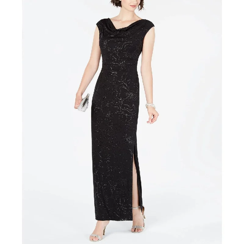 Floral Sequin Evening Dress-Jessica Howard Women's Petite Metallic Floral Draped Gown Black Size 0