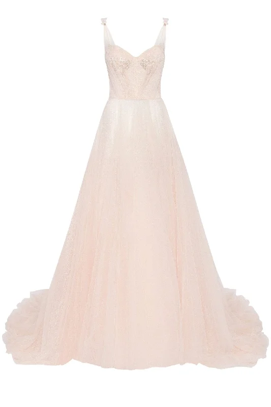 Sleeveless Gold Evening Dress-Peach Multi-Layered Tulle Gown