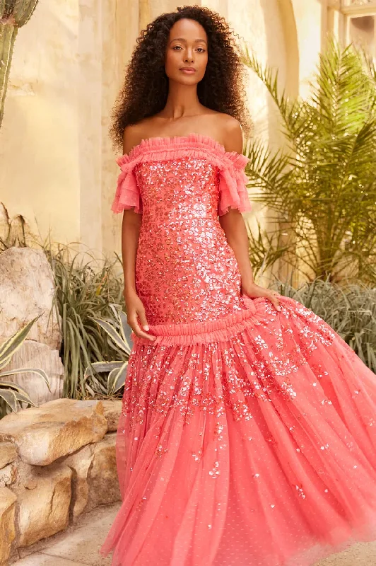 Geometric Cheap Evening Dress-Regal Rose Off-Shoulder Gown