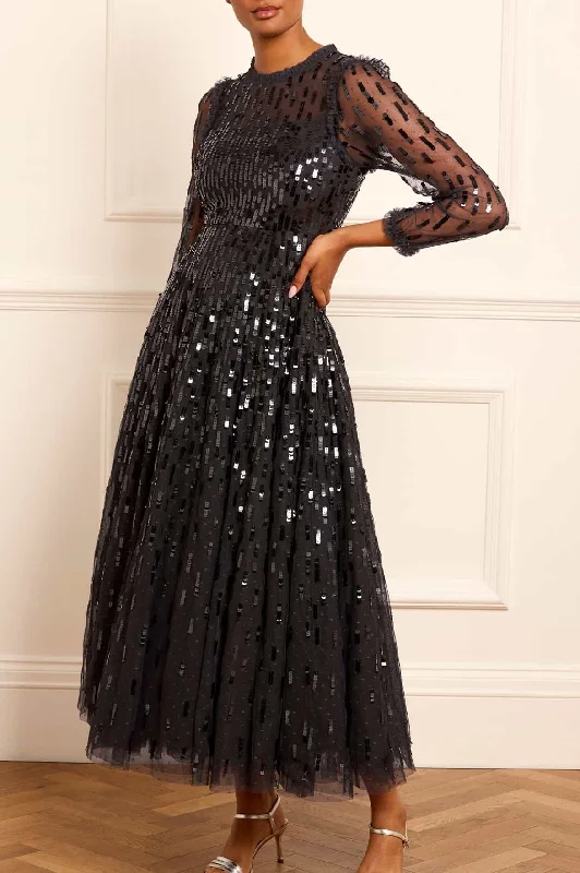 Prom Blue Evening Dress-Sequin Dash Long Sleeve Gown