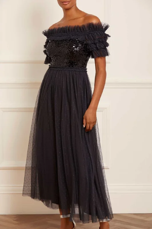 Backless Midi Evening Dress-Sequin Wreath Bodice Off-Shoulder Ankle Gown