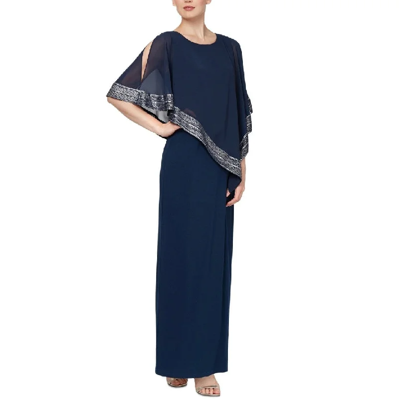 Navy Evening Dress-SL Fashions Women's Foil Trim Asymmetric Popover Capelet Gown Blue Size 8