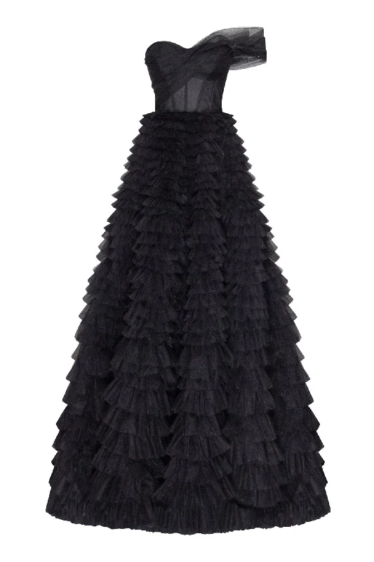 High Neck Lace Evening Dress-Timeless one-shoulder frill-layered ball gown in black