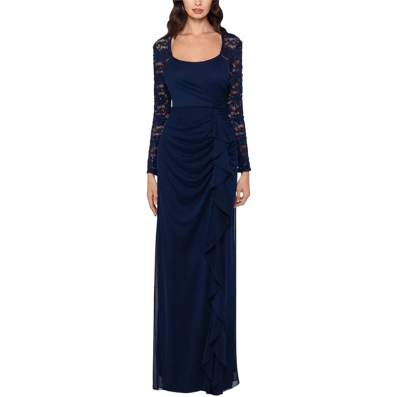 Beaded Maternity Evening Dress-Xscape Womens Lace-Sleeve Side-Ruching Gown Dress