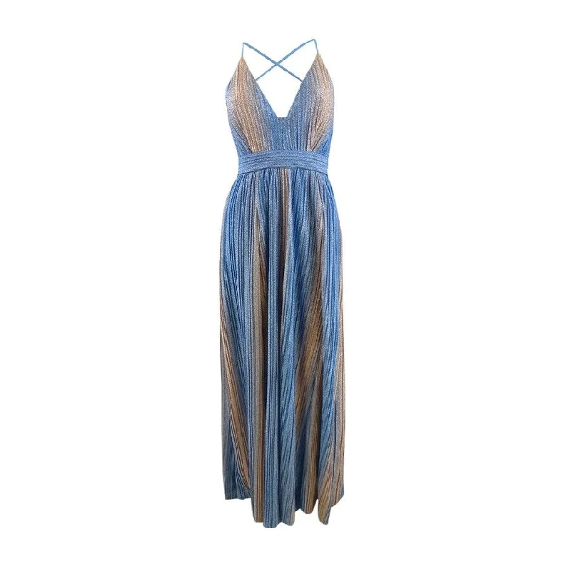 Striped Teens Evening Dress-Xscape Women's Metallic-Stripe Gown (2, Rose/ Blue)