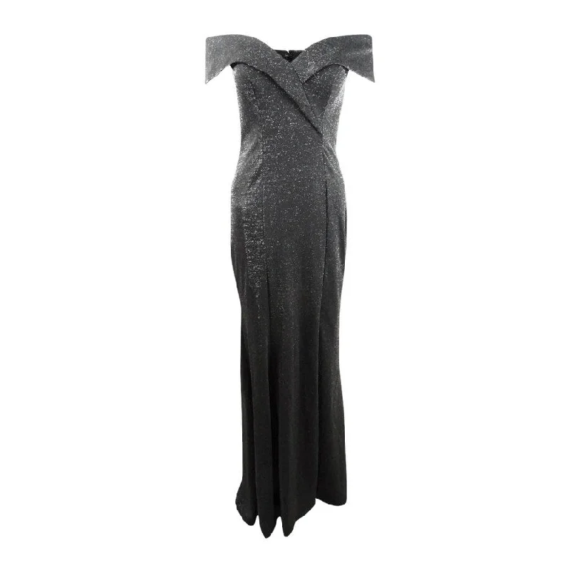 Grey Maxi Evening Dress-Xscape Women's Off-The-Shoulder Glitter Gown (4, Black/Silver)