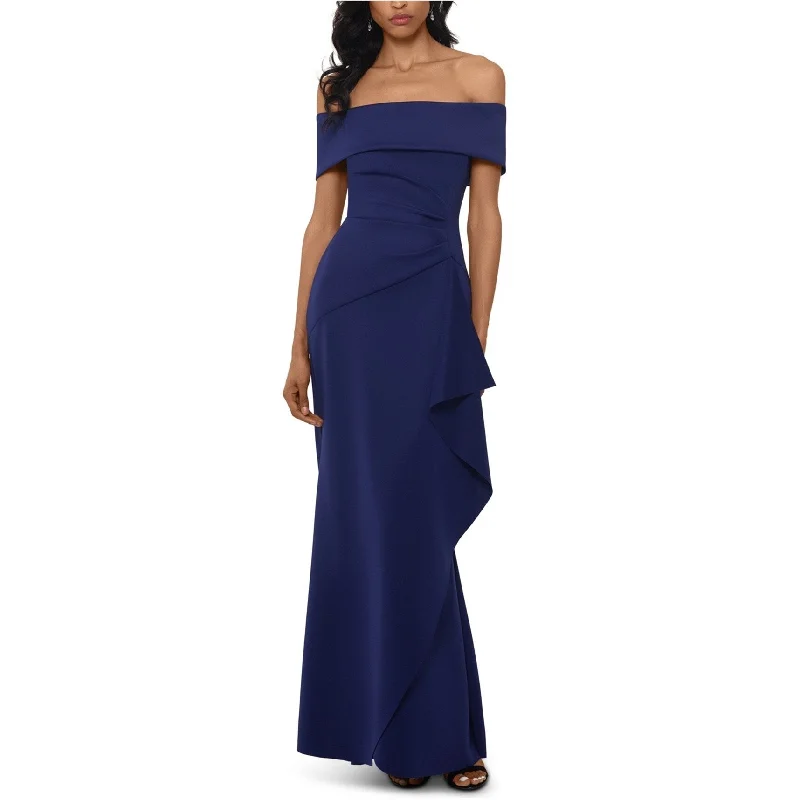 Off Shoulder White Evening Dress-XSCAPE Womens Ruffled Gown Dress, Blue, 8