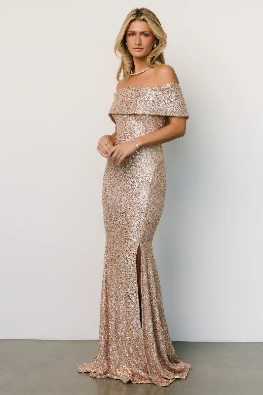 Backless Evening Dress-Yvonne Off Shoulder Sequin Gown | Champagne