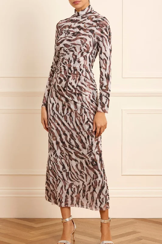 Off Shoulder Beige Evening Dress-Zebra Turtleneck Ankle Gown