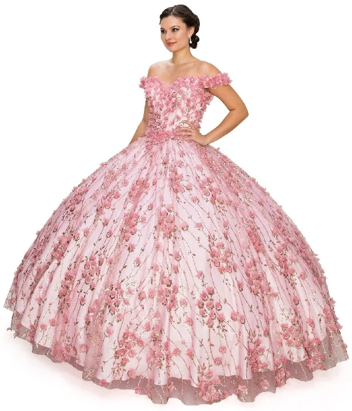 Long Sleeve Evening Dress-3D Floral Off Shoulder Ball Gown by Cinderella Couture 8021J