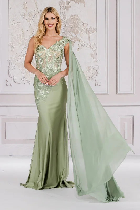 Designer Halter Evening Dress-3D Floral One Shoulder Cape Gown by Amelia Couture 388 - Outlet