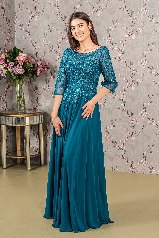 Black Evening Dress-Bead Applique 3/4 Sleeve A-line Gown by GLS Gloria GL3447