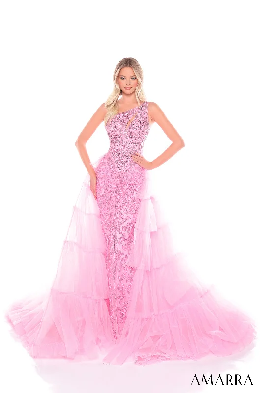 V Neck Evening Dress-One Shoulder Tiered Mermaid Dress by Amarra 88147