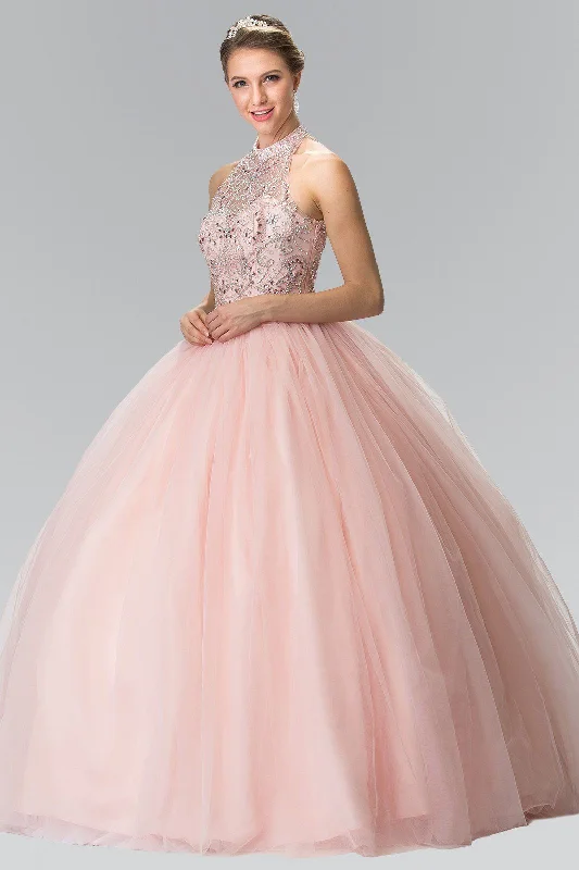 Trendy High Neck Evening Dress-Beaded Sleeveless Illusion Ballgown by Elizabeth K GL2206