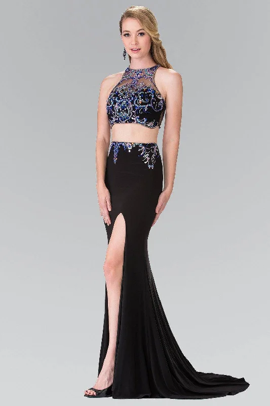 Animal Print Women Evening Dress-Beaded Two-Piece Illusion Dress with Slit by Elizabeth K GL2277