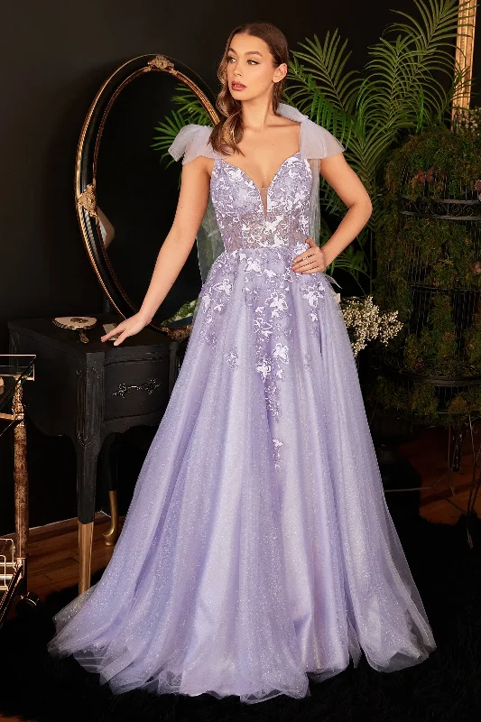 Lace V Neck Evening Dress-Butterfly Applique Tulle Gown by Ladivine CB097