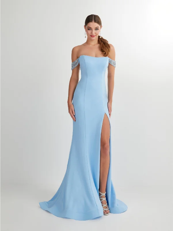 Satin Evening Dress-Fitted Crepe Of Shoulder Slit Gown by Studio 17 12907