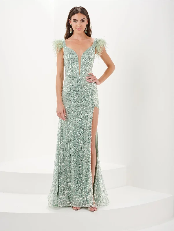 Chiffon Backless Evening Dress-Fitted Sequin Feather Slit Gown by Tiffany Designs 16055