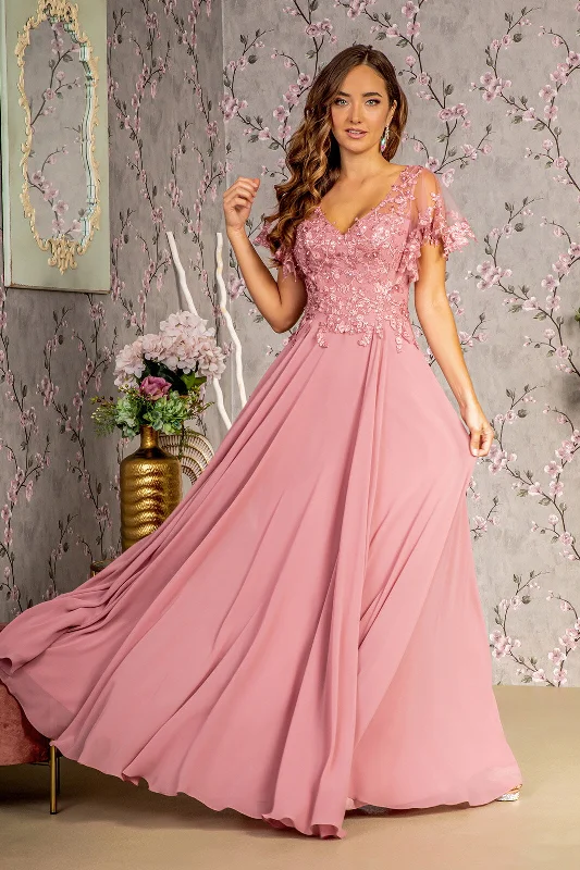 Silk Prom Evening Dress-Floral Applique Short Sleeve A-line Gown by GLS Gloria GL3352