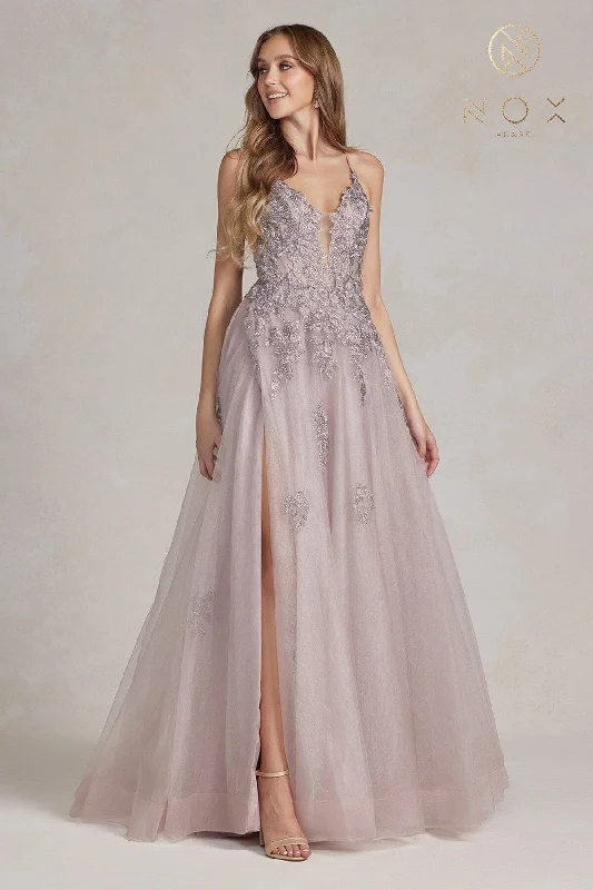 Women Sequin Evening Dress-Floral Applique Tulle A-line Gown by Nox Anabel G1149