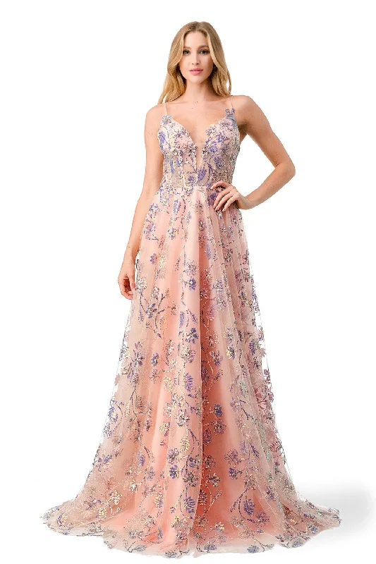 Backless Velvet Evening Dress-Floral Embroidered Sleeveless A-Line Gown by Coya L2794T