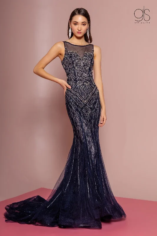 Satin High Neck Evening Dress-Jeweled Lace Illusion Mermaid Dress by GLS Gloria GL2685