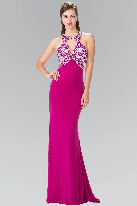 Embroidered Backless Evening Dress-Long Beaded Halter Dress with Cutouts by Elizabeth K GL2355