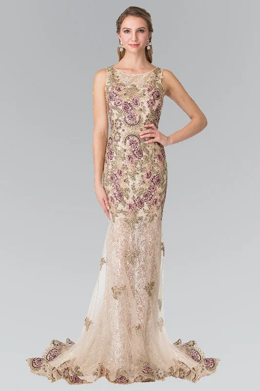 Ruffle Chiffon Evening Dress-Long Floral Embroidered Lace Dress by Elizabeth K GL2269