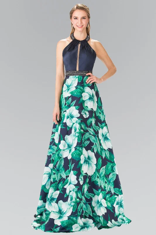 Velvet Geometric Evening Dress-Long Floral Print Halter Dress by Elizabeth K GL2302