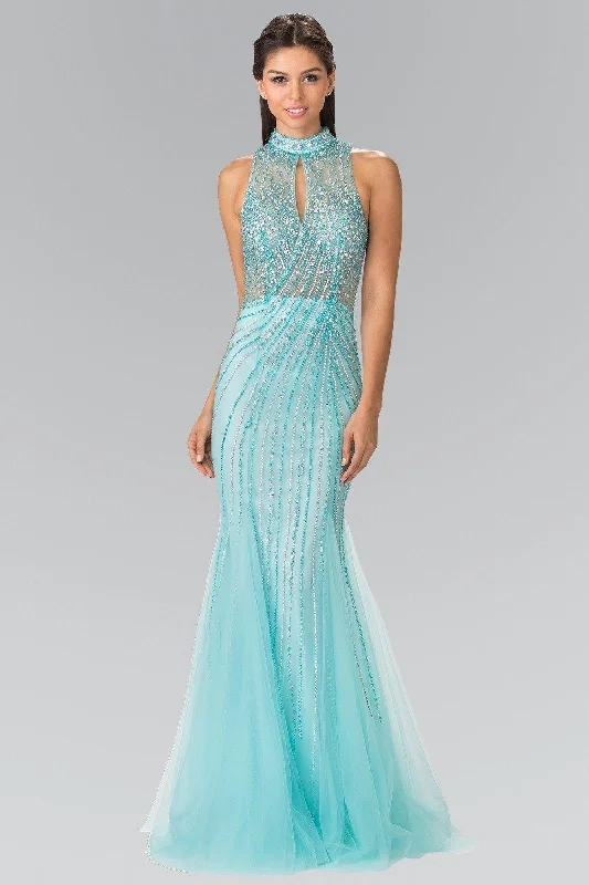 Satin High Neck Evening Dress-Long Halter Dress with Beaded Illusion Top by Elizabeth K GL2330