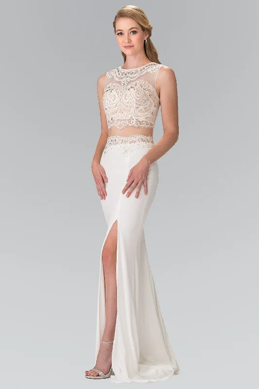 Halter Chiffon Evening Dress-Ivory Two-Piece Dress with Lace Top by Elizabeth K GL2373