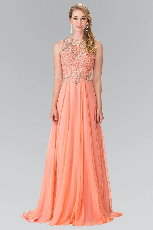 High Neck Lace Evening Dress-Long Sleeveless Beaded Illusion Dress by Elizabeth K GL2343