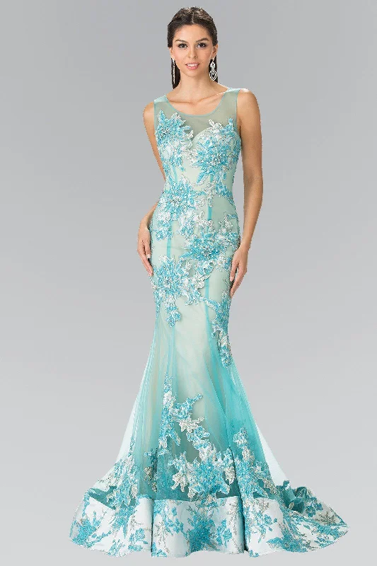 Green Embroidered Evening Dress-Long Illusion Mermaid Gown with Embroidery by Elizabeth K GL2335