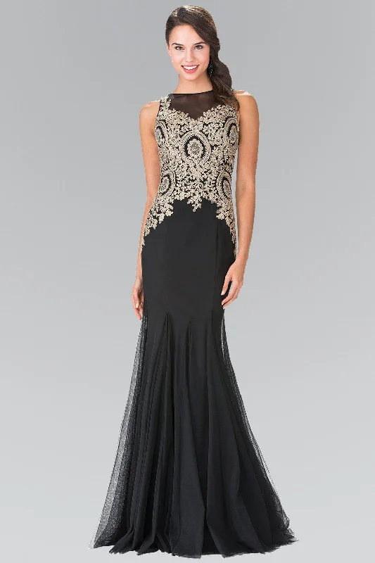 Maxi Navy Evening Dress-Sleeveless Illusion Dress with Lace Applique by Elizabeth K GL2283