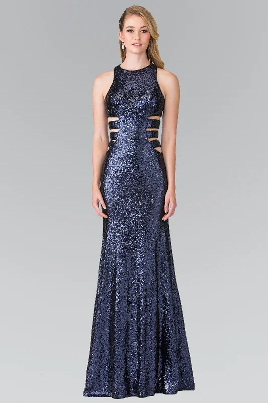 Lace Beaded Evening Dress-Long Sleeveless Sequined Dress with Cutouts by Elizabeth K GL2299