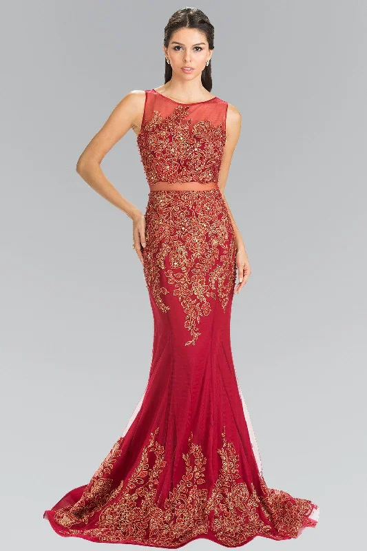 Satin Red Evening Dress-Mock Two-Piece Embroidered Mermaid Dress by Elizabeth K GL2338