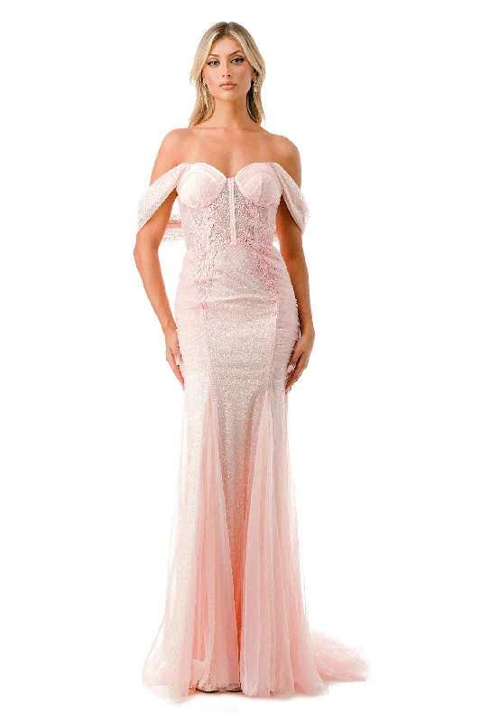 Lace Beaded Evening Dress-Off Shoulder Sheer Corset Mermaid Dress by Coya P2100