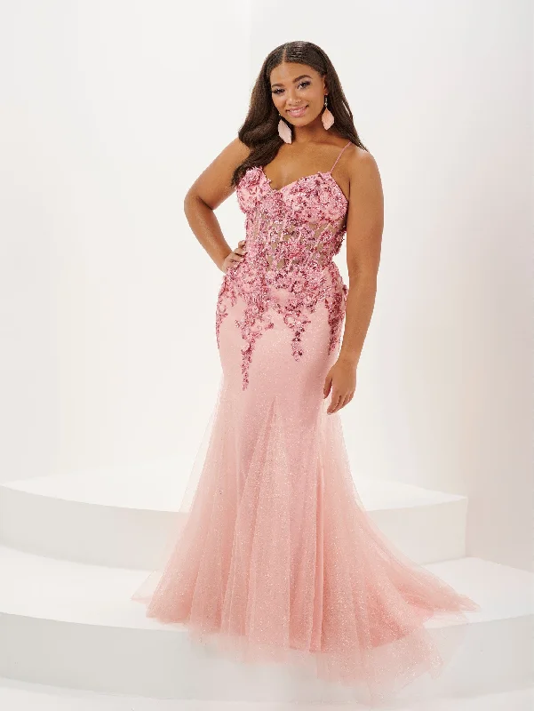 Sexy Evening Dress-Plus Size Applique Sheer Corset Gown by Tiffany Designs 16133