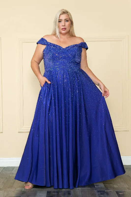 Elegant Evening Dress-Plus Size Rhinestone Off Shoulder Gown by Poly USA W1112