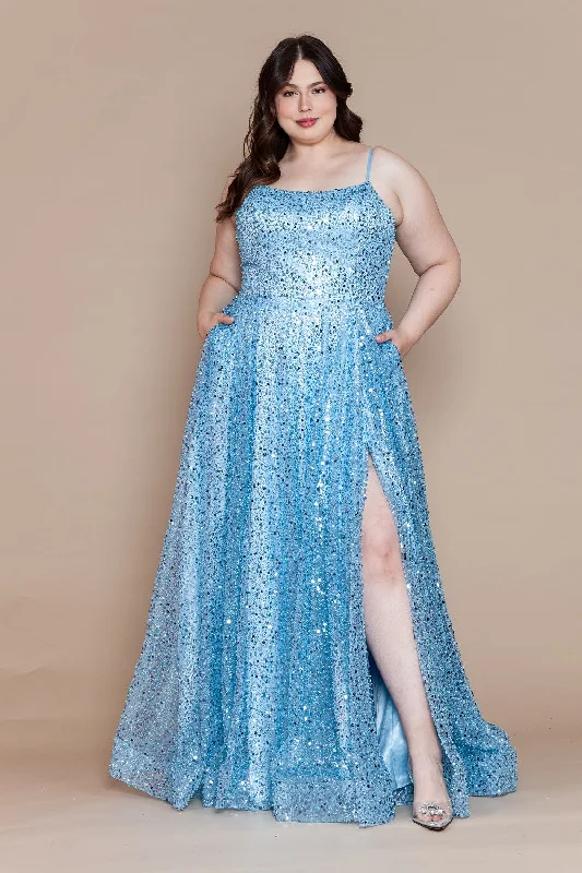 Long Sleeve Silver Evening Dress-Plus Size Sequin Sleeveless A-line Slit Gown by Poly USA W1142