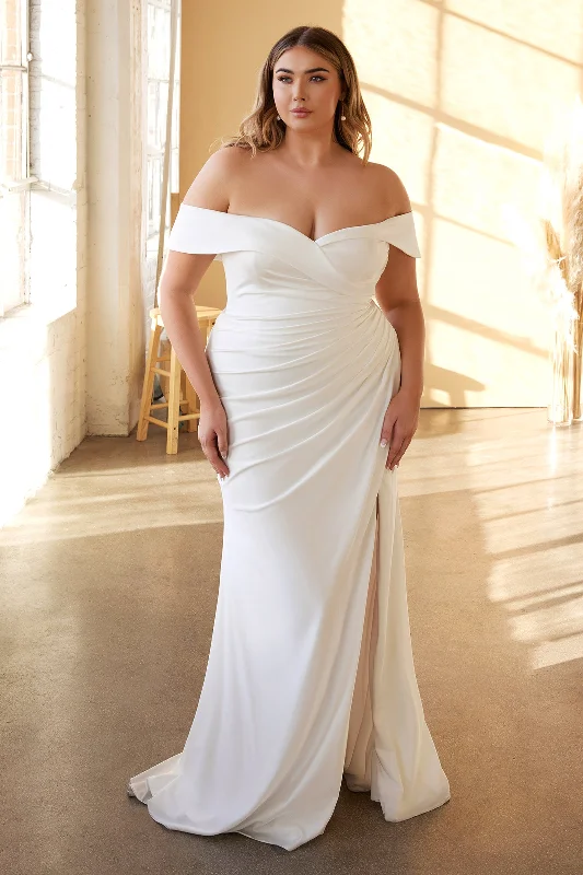 Plus Size Short Evening Dress-Plus Size White Off Shoulder Gown by Cinderella Divine CD930C