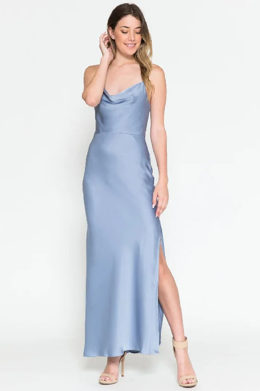 Backless Midi Evening Dress-Satin Cowl Tea Length Dress by Amelia Couture 6115